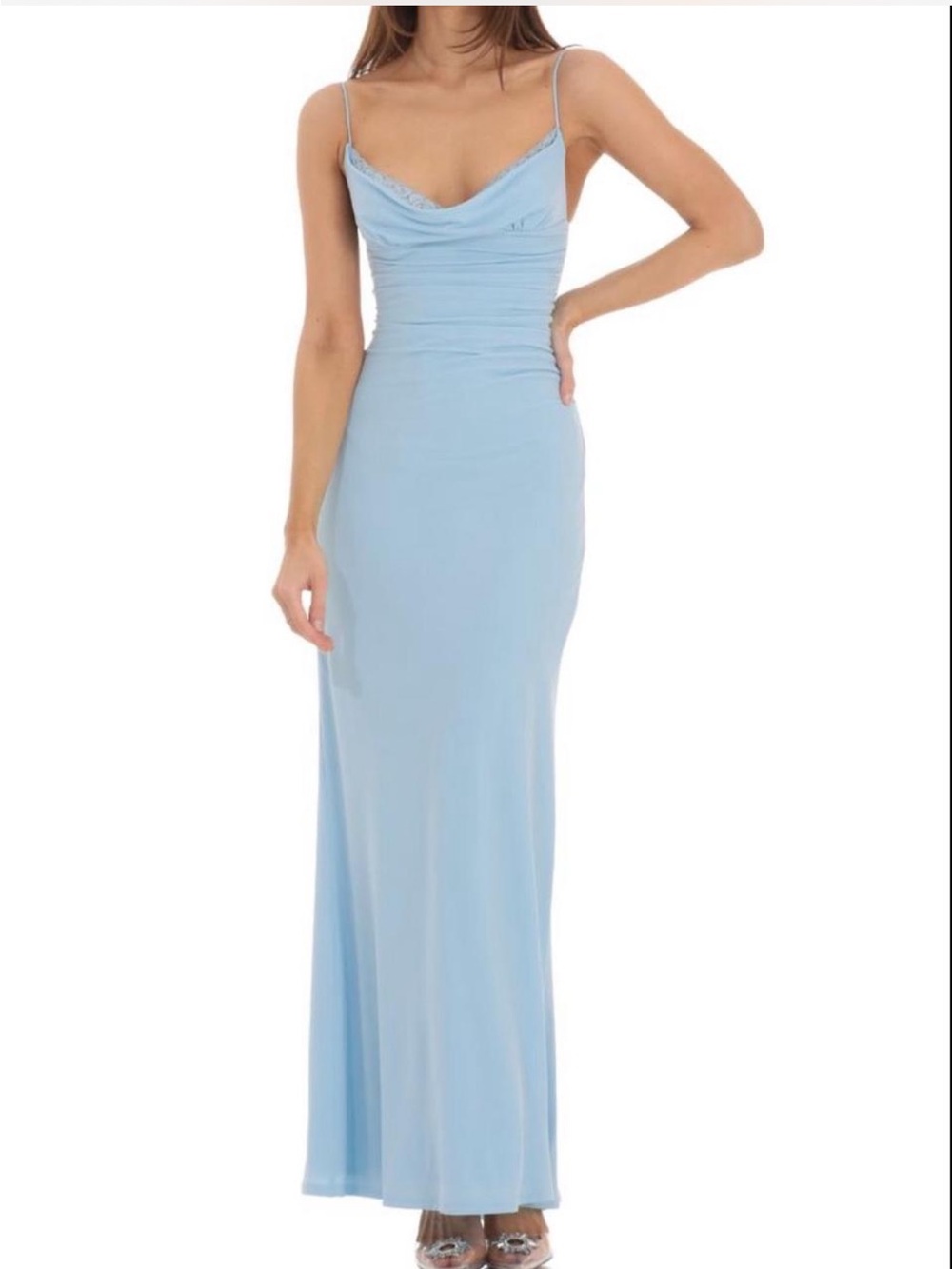 Lucy in the Sky Light Blue Cowl Neck Spaghetti Strap Maxi Dress